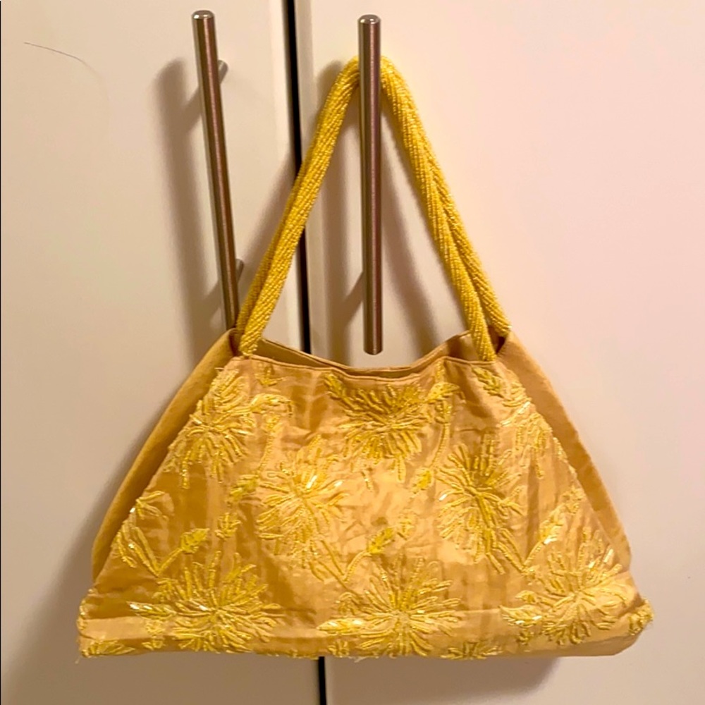MOYNA Silk beaded floral yellow gold Purse New
